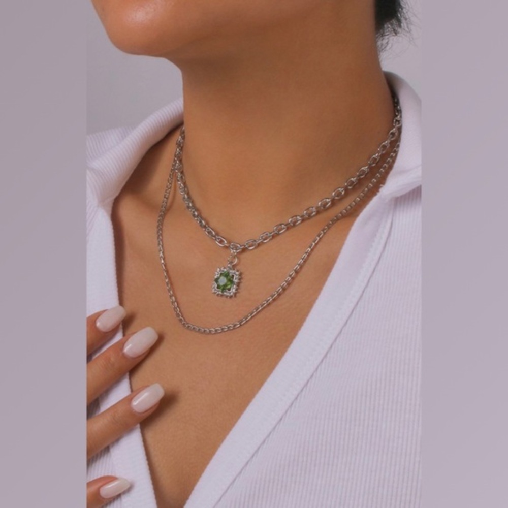 Silver square green pendant necklace